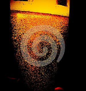 Hazzy fizz of a beer bottle with sparging bubbles and fizzing gas swirling