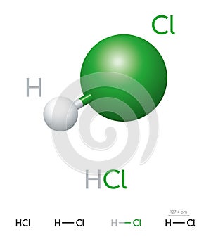 HCl Hydrogen chloride molecule model and chemical formula