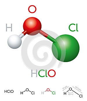 HClO Hypochlorous acid molecule model and chemical formula