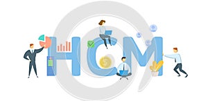 HCM, Human Capital Management. Concept with keywords, people and icons. Flat vector illustration. Isolated on white.
