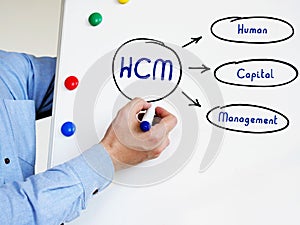 HCM Human Capital Management note. Young bussines man in a suit writing on the white board