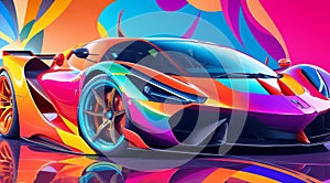 abstract sports car on colored background, car art, colored car on abstract colored background