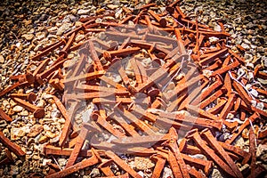 HD Cluster of railroad nail spikes lay on gravel rocks.