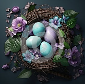 hd easter eggs in a nest, green leaves and flower,