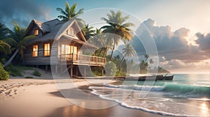 HD Illustration Beach Cottages with Palm Tree. Desktop Wallpaper photo