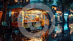 HD Mini Food Truck in Rainy Night Cityscape