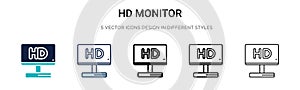 Hd monitor icon in filled, thin line, outline and stroke style. Vector illustration of two colored and black hd monitor vector
