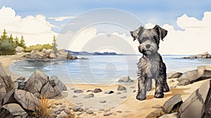 Hd Painting Of Applehead Schnauzer On Beach: Lush Landscape Illustration