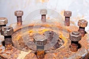 Old rusty bolt and nut on steel background, steel and bolt, steel background, hd rusty background