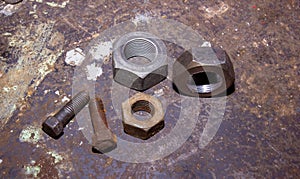 Old rusty bolt and nut on steel background, steel and bolt, steel background, hd rusty background