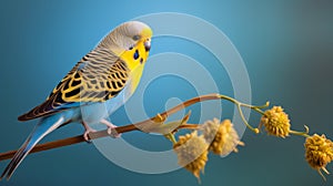 Hd Wallpaper: Blue Budgie On Branch With Bright Blue Background