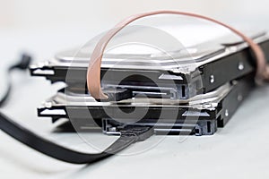 Hdd data storage disk with sata cable close up