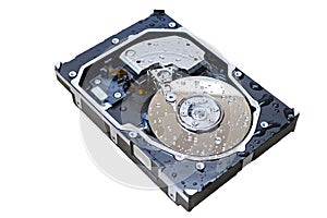 HDD Hard disk drive wiith opened cover water drops on disks