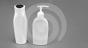 HDPE liquid containers with flip cap and pump dispenser for cosmetic products, bottles