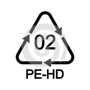 HDPE or PE HD 02 recycling sign in triangular shape with arrows. Plastic reusable icon isolated on white background