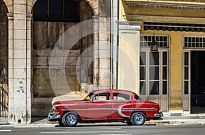 HDR - American red Chevrolet classic car in Havana Cuba - Serie Cuba Reportage
