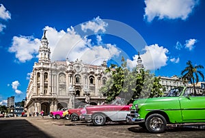 HDR - Beautiful american convertible vintage cars parked in Havana Cuba before the gran teatro - Serie Cuba Reportage photo