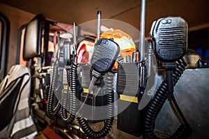 HDR - Firefighter equipment in a fire truck with walkie talkie