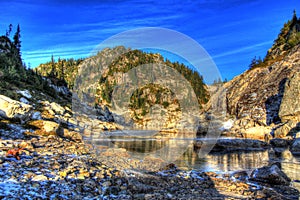 HDR image of frozen lake and mountain at sunset, BC, Canada.