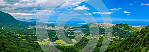 HDR panorama over green mountains of Nu`uanu Pali Lookout in Oah photo