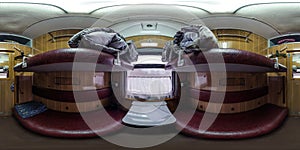 Hdr panorama 360 view in interior of passenger compartment inside a railway carriage with double-decker berths and mattresses in photo