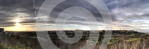 HDR panorama View on the surrounding nature of Mdina city, Malta, and dynamic skies at sunset time