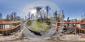 hdri 360 panorama near gateway lock construction on river, canal for passing vessels at different water levels. Full spherical 360