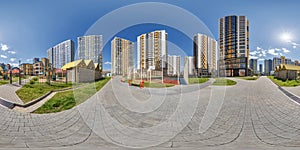 hdri 360 panorama near skyscraper multistory buildings of residential quarter complex in full equirectangular seamless spherical