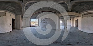 360 hdri panorama in abandoned interior of large empty room as warehouse or hangar ramp in seamless spherical equirectangular