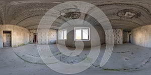 360 hdri panorama in abandoned interior of large empty room as warehouse or hangar with windows with dampness and black-green mold