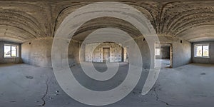 360 hdri panorama in abandoned interior of large empty room with windows with dampness and mold in seamless spherical photo