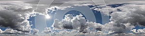 360 hdri panorama of blue overcast skydome with cumulus clouds, seamless sky panorama view with zenith for use in 3d graphics or photo