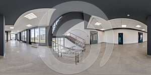 hdri 360 panorama view in empty modern hall near panoramic windows with columns, staircase and doors in full equirectangular