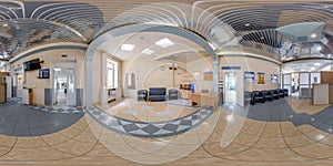 hdri 360 panorama view in empty modern hall of reception and doors in administrative building in full seamless spherical