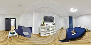 360 hdri panorama view in interior of modern luxure bedroom in studio apartments in dark blue color style and wooden furniture  in