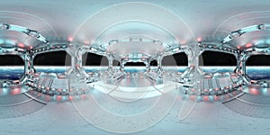 HDRI panoramic view of white blue spaceship interior with windows. High resolution 360 degrees panorama reflection mapping of a