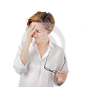 Headache Woman. Stress. Eyestrain photo