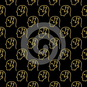 Head with AI Circuits vector Robot Learning line dark seamless pattern