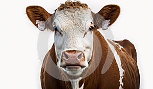 Head of an angrily-looking brown-white cow with tags in the ears. Cattle farming animal close up portrait at white backdrop.