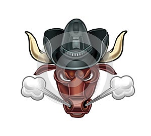 Head of an angry bull with horns in a cowboy hat. Cartoon style. A bull releases steam from his nostrils. Vector illustration
