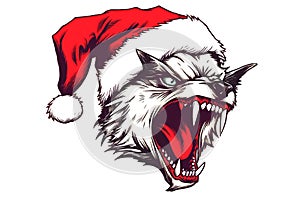 the head of an angry wolf in a Santa hat isolated on a white background.