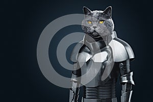 The head of an animal on a human body, the head of a cat in knightly armor. modern design, magazine style