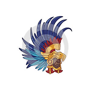 Head of an aztec elite warrior wearing a helmet in form of an eagle, with colorful feathers