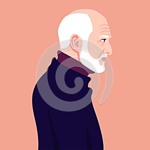 The head of a bald old man with a white beard in profile.