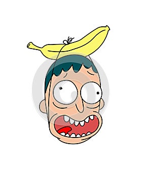 Head with banana. Vector. Flat style. Cheerful crazy character for a party. Logo, mascot. The image of a sick person and a