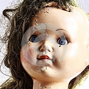 Head of beatiful scary doll like from horror movie