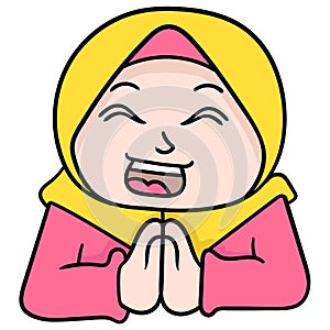 The head of a beautiful woman wearing a Muslim hijab with an apologetic gesture. doodle icon drawing