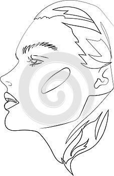 Head of beautifull young woman on white background. one line design