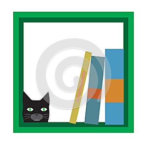 Head of a black cat and books on a green frame