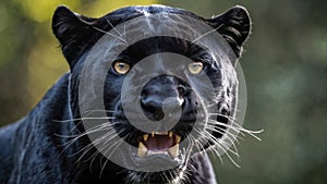 Head of the black growling panther in natural conditions, on a blurred background. Wild angry predator.